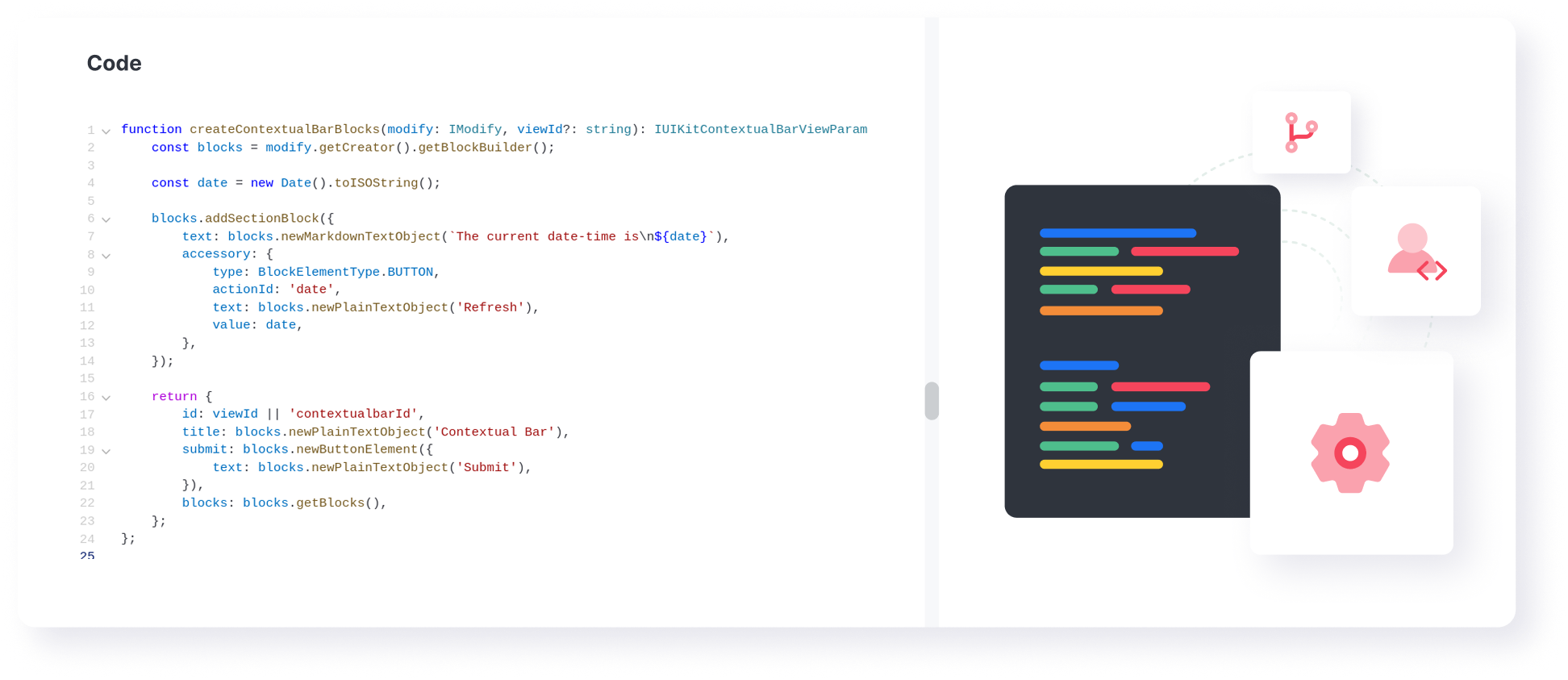 Code snippet defining a function to create contextual bar blocks with a refresh button displaying the current date, alongside icons of a code branch, user with code symbols, and a gear.
